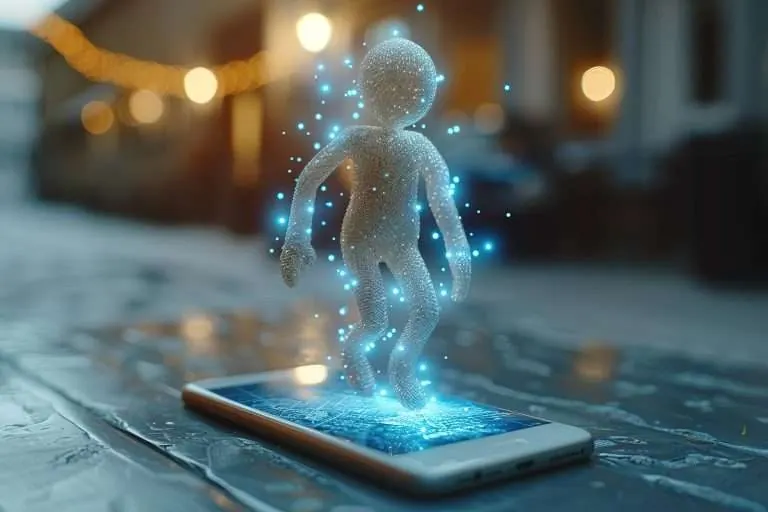 3D holographic humanoid figure emerging from a smartphone, symbolizing digital accessibility, with glowing blue particles in a futuristic city background.