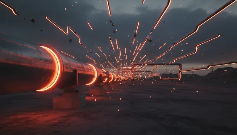 Futuristic industrial pipeline glowing with red neon light and branching into fragmented connections, symbolizing AI systems that work in isolation but struggle to scale across complex environments.