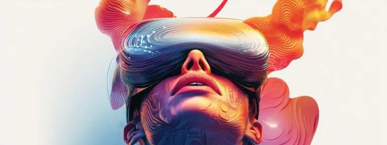 film poster of a person wearing VR goggles integrated with biometric facial recognition, immersive holographic surroundings, vibrant colors