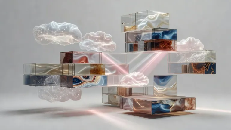 Surreal luminous archive with floating glass structures, representing fragmented enterprise systems and integration debt.