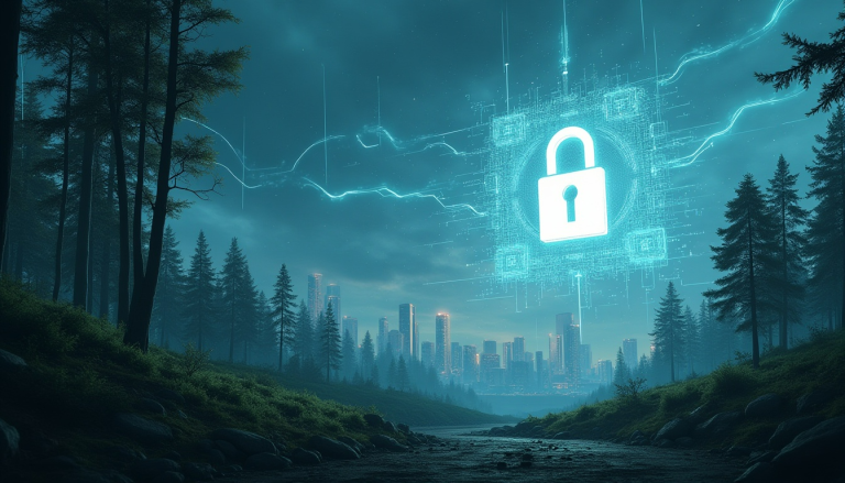 Futuristic digital landscape showing a glowing security lock hologram above a forest and a modern city skyline, symbolizing NIS2 compliance, cybersecurity, and the connection between nature and technology.