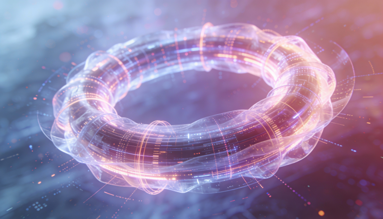 Futuristic circular structure representing the evolution of the software development lifecycle, with transparent layers and flowing data paths symbolizing AI-driven development and continuous control.