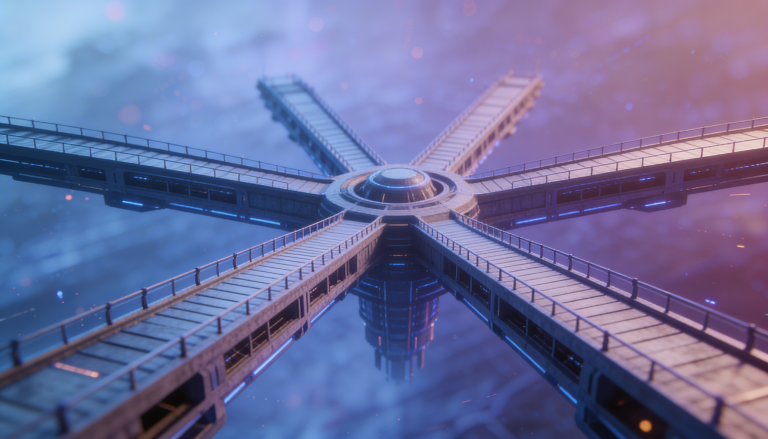 Surreal futuristic structure with multiple elevated walkways converging into a central hub, symbolizing distributed decision-making and AI-driven governance in complex digital systems.
