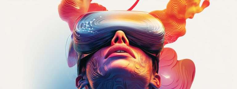 film poster of a person wearing VR goggles integrated with biometric facial recognition, immersive holographic surroundings, vibrant colors